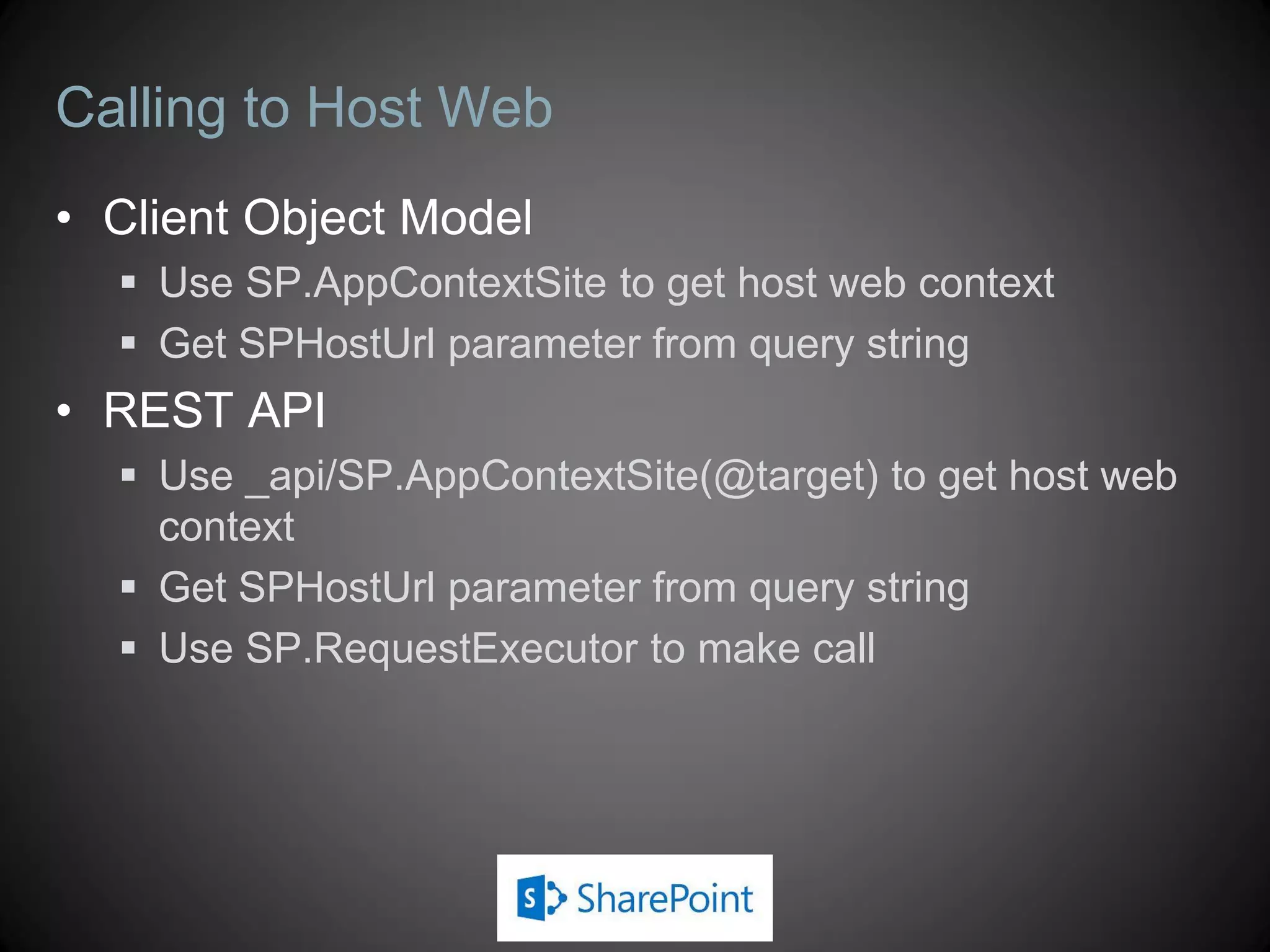 REST API Coverage
 Sites, Webs, Features, Event Receivers
 Lists, List Items, Fields, Content Types, Views, Forms, IRM
 Files, Folders
 Users, Roles, Groups, User Profiles, Feeds
 Search
 No support for Managed Metadata
 Term Store or Managed Metadata Fields
 No support for Workflow
 