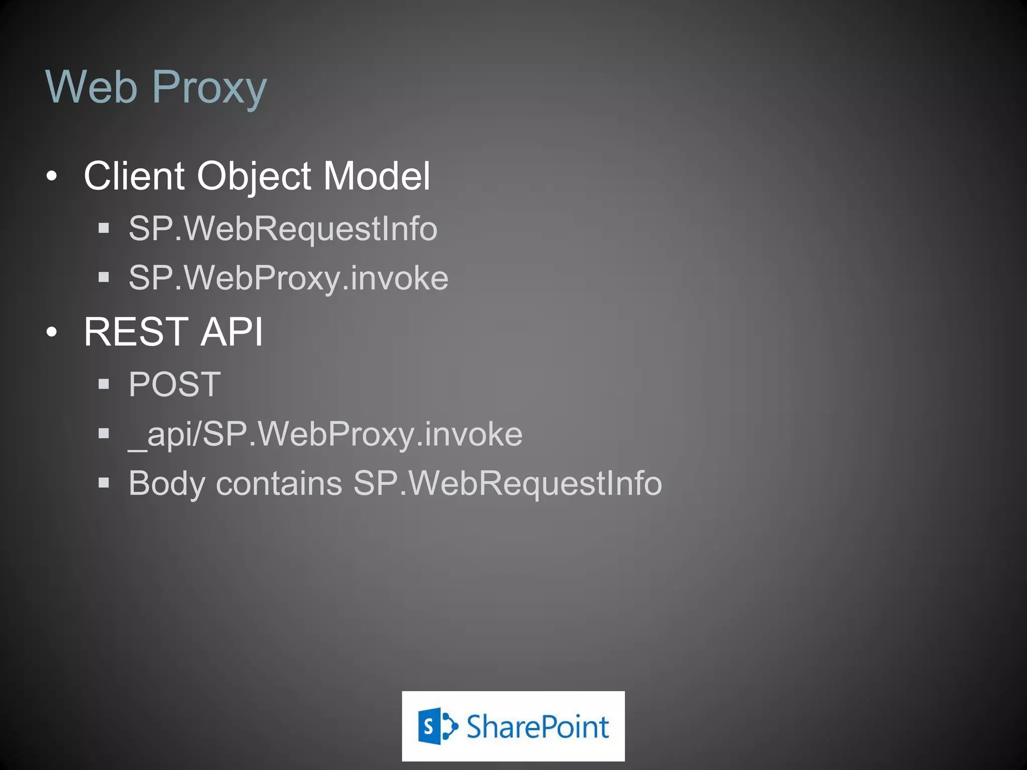 Retrieving Data (Managed)
 Service metadata for /_api was added around April 2013
 You can add a service reference in Visual Studio
 Tooling to add a service reference for SharePoint Online does not work
 Service proxy contains two context classes
 SP.Data.ListData – access to list data
 SP.ApiData – access to everything else
 Generated proxy classes do not natively support updates
 SharePoint REST API works differently than OData
 Need to use POST tunneling and client hooks to get updates to work
 Too much work – better off using CSOM
 For more detail see white paper by Paul Schaelein
 SharePoint 2013 REST and WCF Data Services
 http://www.schaeflein.net/Pages/SharePoint-2013-REST-and-WCF-
Data-Services.aspx
 Still have the option of using the 2010 version of REST API
 