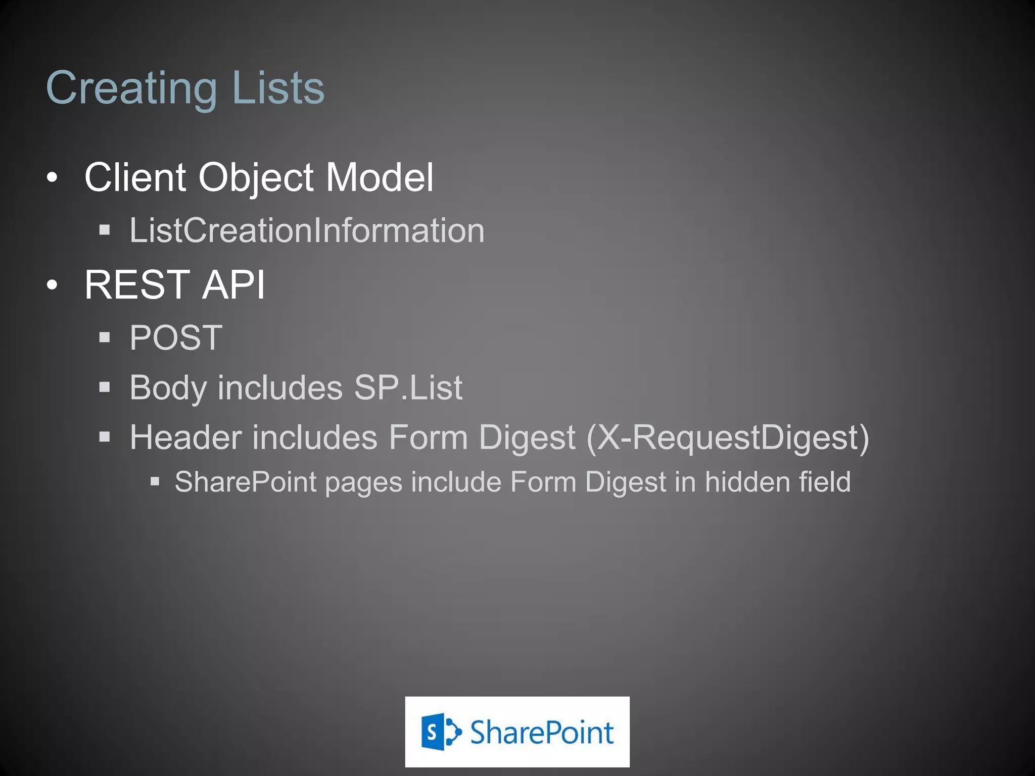 Retrieving Resources Using LoadQuery
(Managed Code)
var web = context.Web;
var query = from list in web.Lists
where list.Hidden == false &&
list.ItemCount > 0
select list;
var lists = context.LoadQuery(query);
context.ExecuteQuery();
Console.WriteLine(lists.Count());
 Indicates result of query should be included in next batch
retrieval
 Query executed on server
 Result returned from call
 Not loaded in-place as with Load
 