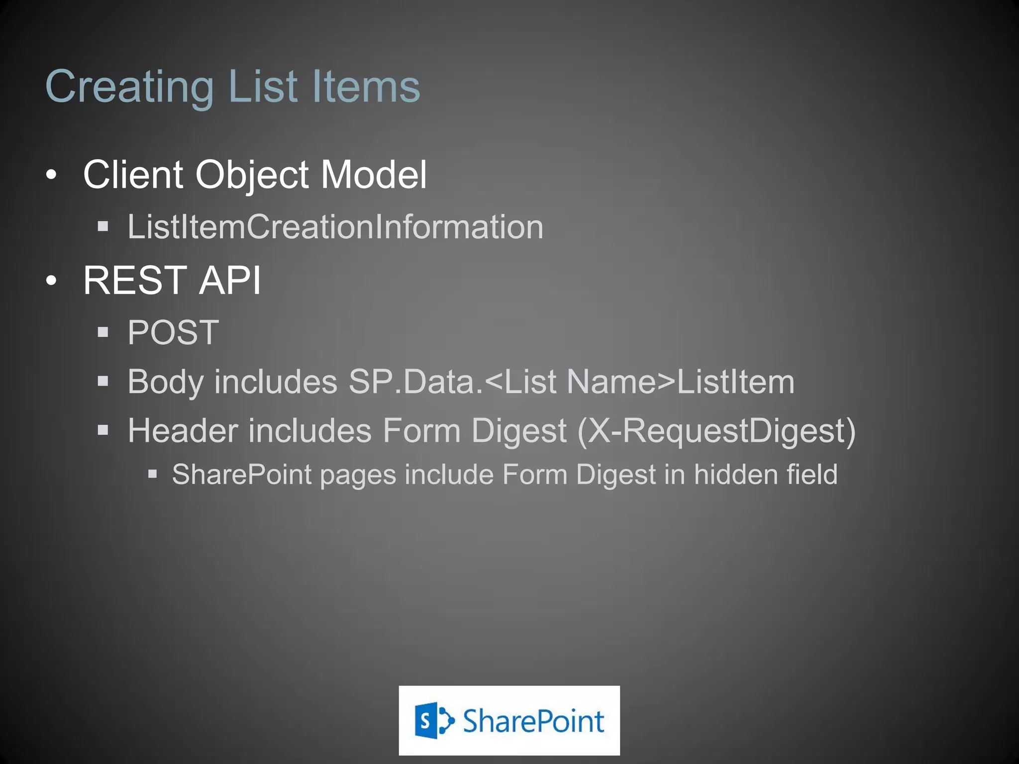 Retrieving Resources Using loadQuery
(JavaScript)
var context = SP.ClientContext.get_current();
var lists = context.get_web().get_lists();
context.load(lists);
context.executeQueryAsync(success, fail);
function success() {
var div = jQuery("#message");
div.text(lists.get_count());
}
 No LINQ in JavaScript
 loadQuery very similar to load
 Returns new object
 Returns array for collections
var context = SP.ClientContext.get_current();
var lists = context.get_web().get_lists();
var myLists = context.loadQuery(lists);
context.executeQueryAsync(success, fail);
function success() {
var div = jQuery("#message");
div.text(myLists.length);
}
load: loadQuery:
 