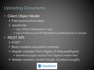 Using CAML Queries
var web = context.Web;
var list = web.Lists.GetByTitle("Products");
var query = new CamlQuery();
query.ViewXml = "<View>" +
"<Query>" +
"<Where><Eq>" +
"<FieldRef Name='Category' " +
"LookupId='True' />" +
"<Value Type='Lookup'>1</Value>" +
"</Eq></Where>" +
"</Query>" +
"</View>";
var items = list.GetItems(query);
context.Load(items,
c => c.Include(li => li["ID"], li => li["Title"]));
context.ExecuteQuery();
var context = SP.ClientContext.get_current();
var web = context.get_web();
var list = web.get_lists().getByTitle("Products");
var query = new SP.CamlQuery();
query.set_viewXml("<View>" +
"<Query>" +
"<Where><Eq>" +
"<FieldRef Name='Category' " +
"LookupId='True' />" +
"<Value Type='Lookup'>1</Value>" +
"</Eq></Where>" +
"</Query>" +
"<RowLimit>5</RowLimit>" +
"</View>");
var items = list.getItems(query);
context.load(web, "Title");
context.load(items, "Include(ID, Title)");
context.executeQueryAsync(success, fail);
Managed: JavaScript:
 