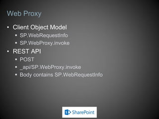 Retrieving Data (Managed)
 Service metadata for /_api was added around April 2013
 You can add a service reference in Visual Studio
 Tooling to add a service reference for SharePoint Online does not work
 Service proxy contains two context classes
 SP.Data.ListData – access to list data
 SP.ApiData – access to everything else
 Generated proxy classes do not natively support updates
 SharePoint REST API works differently than OData
 Need to use POST tunneling and client hooks to get updates to work
 Too much work – better off using CSOM
 For more detail see white paper by Paul Schaelein
 SharePoint 2013 REST and WCF Data Services
 http://www.schaeflein.net/Pages/SharePoint-2013-REST-and-WCF-
Data-Services.aspx
 Still have the option of using the 2010 version of REST API
 