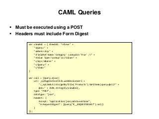 CAML Queries
 Must be executed using a POST
 Headers must include Form Digest
var viewXml = { ViewXml: "<View>" +
"<Query>" +
"<Where><Eq>" +
"<FieldRef Name='Category' LookupId='True' />" +
"<Value Type='Lookup'>1</Value>" +
"</Eq></Where>" +
"</Query>" +
"</View>"
}
var call = jQuery.ajax({
url: _spPageContextInfo.webAbsoluteUrl +
"/_api/Web/Lists/getByTitle('Products')/GetItems(query=@v1)?" +
@v1=" + JSON.stringify(viewXml),
type: "POST",
dataType: "json",
headers: {
Accept: "application/json;odata=verbose",
"X-RequestDigest": jQuery("#__REQUESTDIGEST").val()
}
});
 