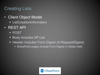Retrieving Resources Using LoadQuery
(Managed Code)
var web = context.Web;
var query = from list in web.Lists
where list.Hidden == false &&
list.ItemCount > 0
select list;
var lists = context.LoadQuery(query);
context.ExecuteQuery();
Console.WriteLine(lists.Count());
 Indicates result of query should be included in next batch
retrieval
 Query executed on server
 Result returned from call
 Not loaded in-place as with Load
 