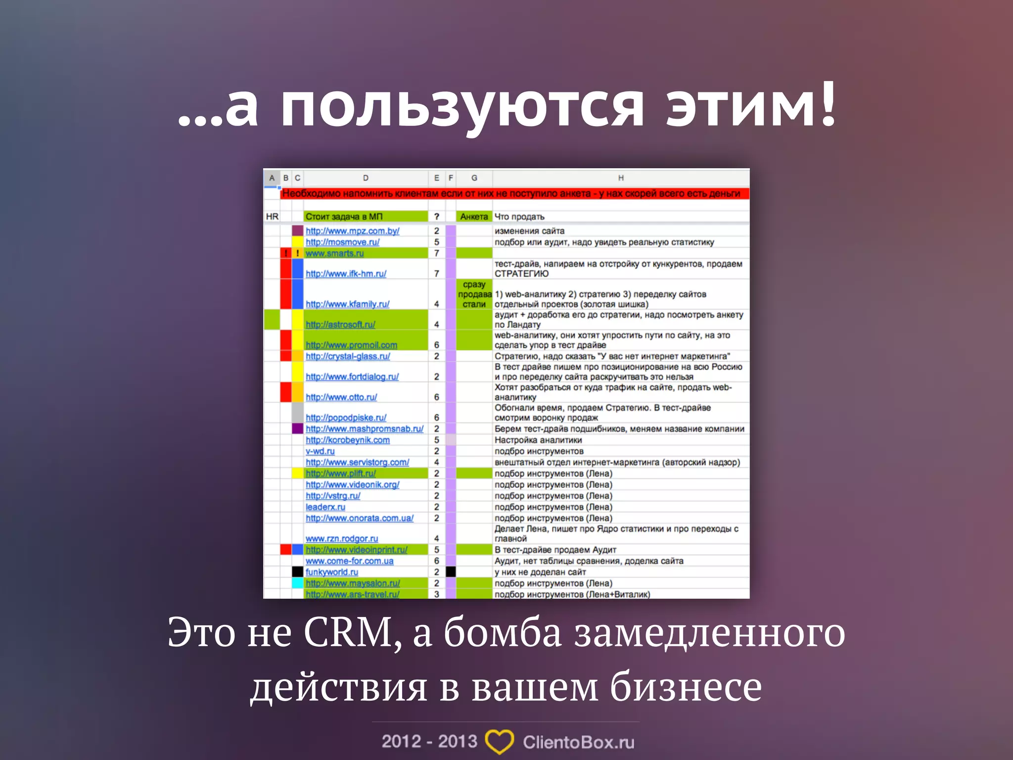 ...а пользуются этим! 
Это не CRM, а бомба замедленного 
действия в вашем бизнесе 
 