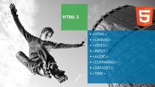 HTML 5


          <HTML>
          <CANVAS>
          <VIDEO>
          <INPUT>
          <AUDIO>
          <COMMAND>
          <DATALIST>
          <TIME>
 