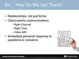 So… How Do We Get There?

• Relationships, not just forms
• Client-centric communications
     - Right Channel
     - Right Time
     - Value Add
• Immediate personal response to
  questions or concerns
 