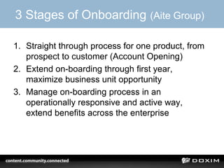 3 Stages of Onboarding (Aite Group)

1. Straight through process for one product, from
   prospect to customer (Account Opening)
2. Extend on-boarding through first year,
   maximize business unit opportunity
3. Manage on-boarding process in an
   operationally responsive and active way,
   extend benefits across the enterprise
 