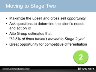 Moving to Stage Two

• Maximize the upsell and cross sell opportunity
• Ask questions to determine the client’s needs
  and act on it!
• Aite Group estimates that
  “72.5% of firms haven’t moved to Stage 2 yet”
• Great opportunity for competitive differentiation


                                             2
 