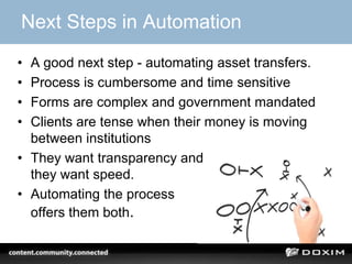 Next Steps in Automation
• A good next step - automating asset transfers.
• Process is cumbersome and time sensitive
• Forms are complex and government mandated
• Clients are tense when their money is moving
  between institutions
• They want transparency and
  they want speed.
• Automating the process
  offers them both.
 
