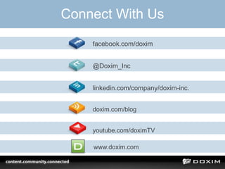 Connect With Us
    facebook.com/doxim


    @Doxim_Inc


    linkedin.com/company/doxim-inc.


    doxim.com/blog


    youtube.com/doximTV

    www.doxim.com
 