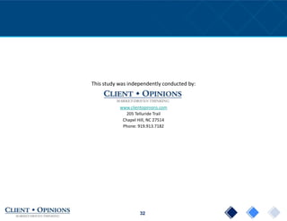 32
This study was independently conducted by:
www.clientopinions.com
205 Telluride Trail
Chapel Hill, NC 27514
Phone: 919.913.7182
 