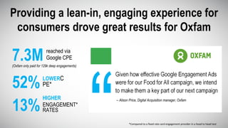 Providing a lean-in, engaging experience for
consumers drove great results for Oxfam
*Compared	
  to	
  a	
  ﬁxed	
  rate	
  card	
  engagement	
  provider	
  in	
  a	
  head	
  to	
  head	
  test	
  
7.3M reached via
Google CPE
(Oxfam only paid for 129k deep engagements)
52%LOWERC
PE*
13%
HIGHER -- Alison Price, Digital Acquisition manager, Oxfam
ENGAGEMENT*
RATES
 