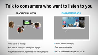 TRADITIONAL MEDIA ENGAGEMENT ADS
Talk to consumers who want to listen to you
• One size fits all message • Tailored, relevant messaging
• No clarity as to who your message has engaged • Clear engagement metrics
• Pay for ad to be shown, regardless of who actually engages • Pay ONLY for those who engage with your ad
 