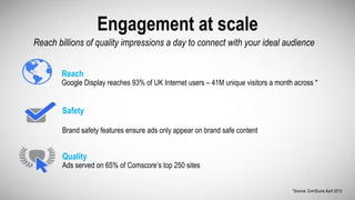Engagement at scale
Reach billions of quality impressions a day to connect with your ideal audience
*Source: ComScore April 2013
Reach
Google Display reaches 93% of UK Internet users – 41M unique visitors a month across *
Safety
Brand safety features ensure ads only appear on brand safe content
Quality
Ads served on 65% of Comscore’s top 250 sites
 