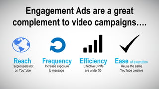 Engagement Ads are a great
complement to video campaigns….
Reuse the same
YouTube creative
Reach
Target users not
on YouTube
Frequency
Increase exposure
to message
Efficiency
Effective CPMs
are under $5
Ease of execution
 