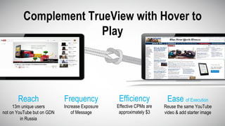 Complement TrueView with Hover to
Play
Efficiency
Effective CPMs are
approximately $3
Ease of Execution
Reuse the same YouTube
video & add starter image
Reach
13m unique users
not on YouTube but on GDN
in Russia
Frequency
Increase Exposure
of Message
 