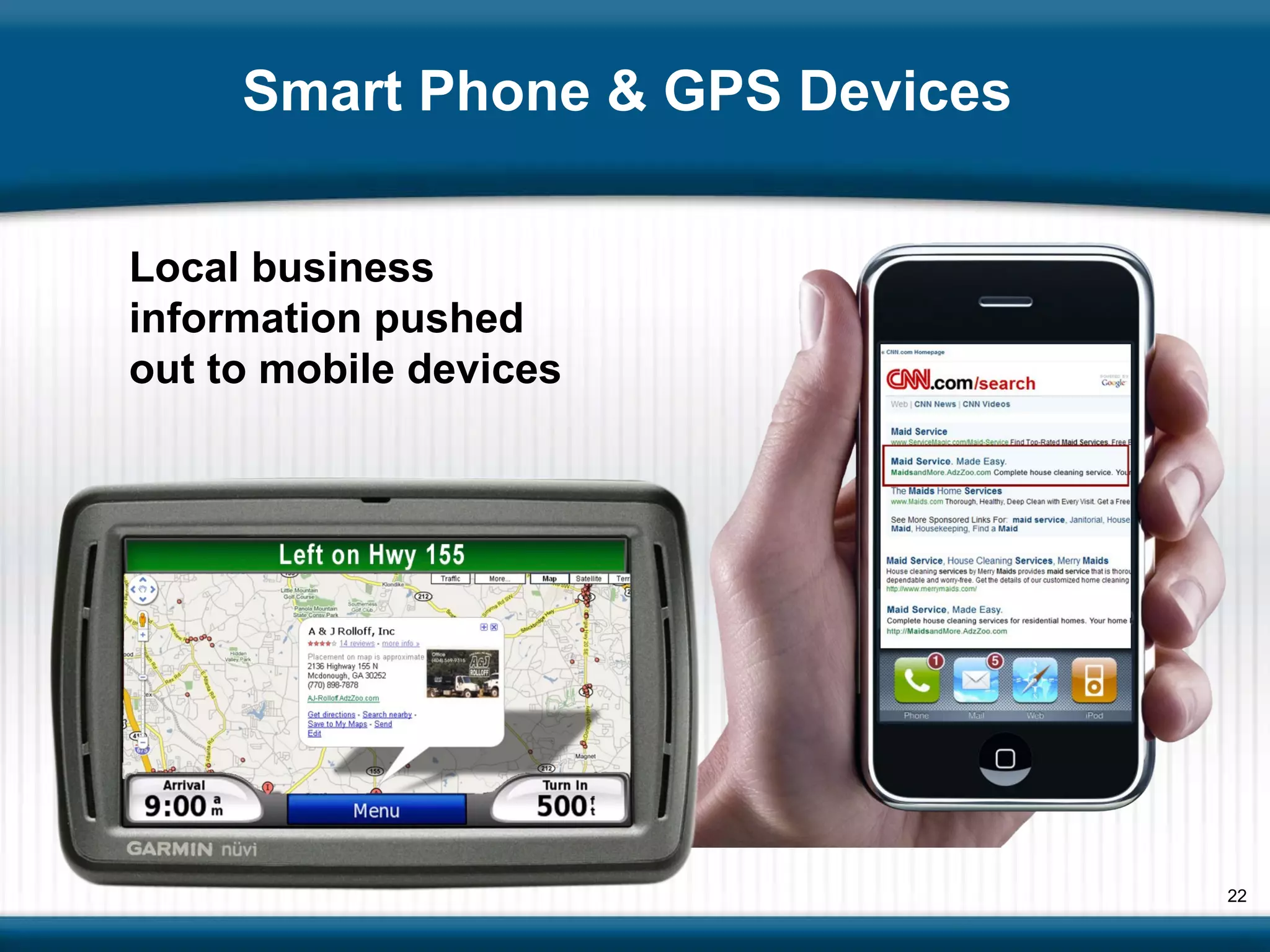 Smart Phone & GPS Devices  Local business information pushed out to mobile devices 