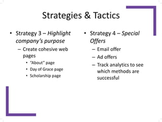 Strategies & Tactics
• Strategy 3 – Highlight
company’s purpose
– Create cohesive web
pages
• “About” page
• Day of Grace page
• Scholarship page
• Strategy 4 – Special
Offers
– Email offer
– Ad offers
– Track analytics to see
which methods are
successful
 