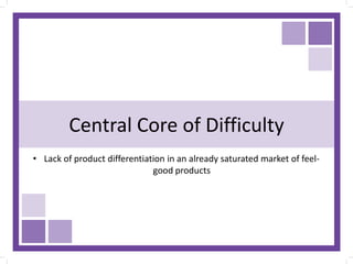 Central Core of Difficulty
• Lack of product differentiation in an already saturated market of feel-
good products
 