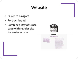 Website
• Easier to navigate
• Portrays brand
• Combined Day of Grace
page with regular site
for easier access
 