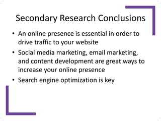 Secondary Research Conclusions
• An online presence is essential in order to
drive traffic to your website
• Social media marketing, email marketing,
and content development are great ways to
increase your online presence
• Search engine optimization is key
 
