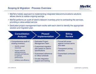 Scoping & Migration: Process Overview                                                                               ®




• MetTel’s holistic approach to implementing integrated telecommunications solutions
  allows clients to realize ongoing savings
• MetTel performs an audit of client’s telecom inventory prior to contracting the services,
  p
  providing a value-added service
          g
• Dedicated project management team works with each client to identify the appropriate
  solution and migration plan


            Consolidation                   Phased                        Billing
              Analysis                   Implementation                   Review

    • Comprehensive audit of        • Dedicated Project        • Formal bill review
      existing inventory:             Management Team            against contract terms
        – Identify unused                                        and rates
                                    • Customized migration
          resources                   plan based on client’s   • Transparent pricing
        – Assess need for             specifications             structure
          adding/removing
          products and features     • Guaranteed adherence     • Guaranteed contracted
          to optimize                 to rollout schedule        rates
          performance
                                    • On-site integration
        – Achieve cost efficiency     support and t i i
                                             t d training


www.mettel.net                                                                         ©2009 MetTel. Confidential
 
