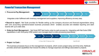 Powerful Transaction Management:
 Procure-to-Pay Management :
Integrates order fulfilment with inventory management and suppliers, improving efficiency at every step.
Corporate Presentation © Prospance Inc. 2013
 Record to report : Net Suite provides for flexible setting up the company structure and financial segmentation along
with core accounting operations-based business processes which enables accurate and detailed reporting and dash
boards with up to date data.
Powerful Transaction Management
 Order-to-Cash Management : Net Suite ERP fast tracks order-to-cash process by integrating with Net Suite CRM
capabilities or with third-party CRM system and manages lead to order processing seamlessly .
 Project to Cash :
The business processes focus on the management of projects, which covers project setup and time entry. NetSuite
provides advanced capabilities that include the ability to manage expenses and billings associated to projects.
.
 