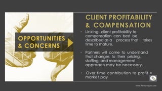 www.PerformLaw.com
CLIENT PROFITABILITY
& COMPENSATION
• Linking client profitability to
compensation can best be
described as a process that takes
time to mature.
• Partners will come to understand
that changes to their pricing,
staffing and management
approach may be necessary.
• Over time contribution to profit =
market pay
OPPORTUNITIES
& CONCERNS
 