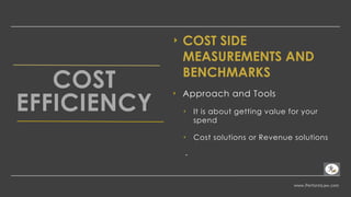 www.PerformLaw.com
COST
EFFICIENCY
‣ COST SIDE
MEASUREMENTS AND
BENCHMARKS
‣ Approach and Tools
‣ It is about getting value for your
spend
‣ Cost solutions or Revenue solutions
-
 