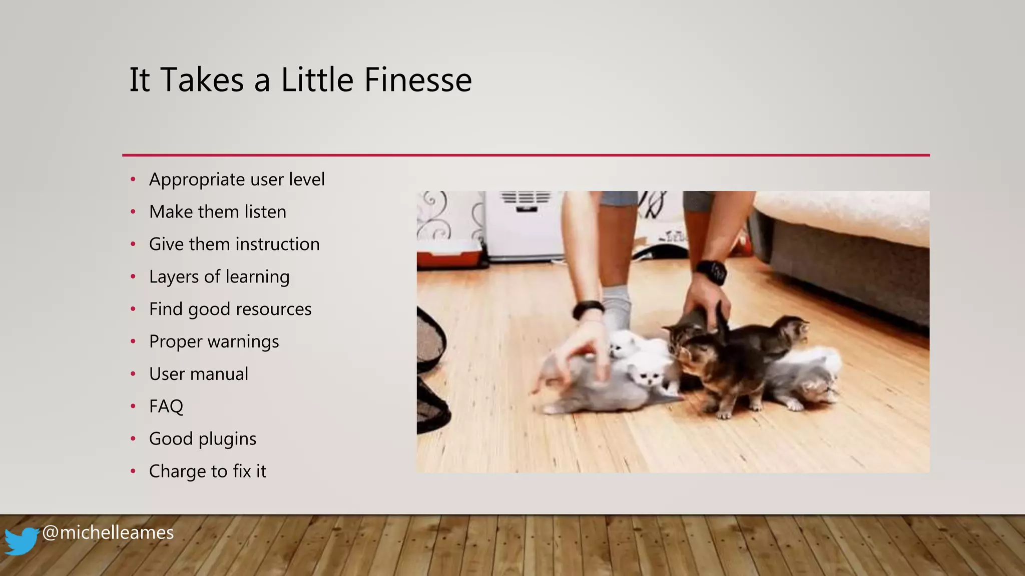 It Takes a Little Finesse
• Appropriate user level
• Make them listen
• Give them instruction
• Layers of learning
• Find good resources
• Proper warnings
• User manual
• FAQ
• Good plugins
• Charge to fix it
@michelleames
 