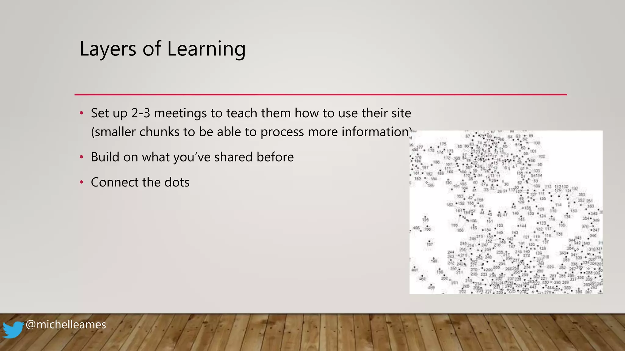 Layers of Learning
• Set up 2-3 meetings to teach them how to use their site
(smaller chunks to be able to process more information)
• Build on what you’ve shared before
• Connect the dots
@michelleames
 