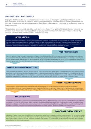 6 OWN YOUR PRACTICE
CLIENT PROPOSITION TOOLKIT
Module 2
MAPPING THE CLIENT JOURNEY
Helping the client to see what your advice process looks like and involves, by mapping the typical stages of the client journey
from the moment an initial enquiry is received all the way through to the point where the advice has been fully implemented, is a
great way to create a really high quality experience that feels personal to each client, but is supported by a consistent, scalable and
repeatable process.
The crucial thing to remember is to look at the whole journey from the client’s perspective. Climb inside the mind and skin of your
client and create the sort of experience you’d like to have, if you were them. An example of this is shown below with each step
described so that the client understands what is involved at each stage.
market to identify suitable solutions. We will also create a recommended investment portfolio tailored to your goals and tolerance for risk, taking
any existing arrangements or assets into account. As you can appreciate, with the work involved, this stage can take a number of weeks.
RESEARCH AND RECOMMENDATIONS
recommendationsabouthowtogrow, manageandprotectyourwealth.Thisisalsoanopportunityforyoutoaskanyquestionssothatyouunderstand
exactlywhatwearerecommending,andwhy.Ifyouarehappywithourrecommendations,wewillproceedtothe nextstage,whichistoimplementthem.
PRESENT RECOMMENDATIONS
Making sure that everything stays on track is every bit as important as the recommendations and their implementation . We will schedule regular
any changes in your circumstances, goals, legislation or markets. The frequency of these reviews will be dependent upon your personal needs
and the level of complexity of your situation.
ONGOING REVIEW SERVICE
our services and process and outline our charges so that you are clear about our fees. The purpose of this meeting is to help you make an
informed decision about whether we are the right adviser for you. If you decide to engage our services, we will then complete our client
agreement and ask you for a 50% deposit in respect of the planning work and start gathering all the data we need.
INITIAL MEETING
to do is sign the forms, but unfortunately, where your medical history is involved, we have to leave those questions to you. We will submit any
applications and paperwork to the relevant providers and track the progress of each application regularly and keep you informed throughout.
We will also check that your instructions have been implemented accurately and that all the documentation received is correct.
IMPLEMENTATION
© Liberty Group Ltd 2015. All Rights Reserved
 