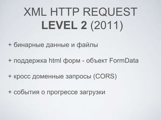 XML HTTP REQUEST
LEVEL 2 (2011)
+ бинарные данные и файлы
+ поддержка html форм - объект FormData
+ кросс доменные запросы (CORS)
+ события о прогрессе загрузки
 