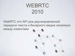 WEBRTC
2010
WebRTC это API для двунаправленной
передачи текста и бинарного медиа напрямую
между клиентами
 