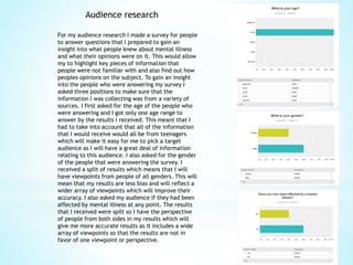 Audience research
For my audience research I made a survey for people
to answer questions that I prepared to gain an
insight into what people knew about mental illness
and what their opinions were on it. This would allow
my to highlight key pieces of information that
people were not familiar with and also find out how
peoples opinions on the subject. To gain an insight
into the people who were answering my survey I
asked three positions to make sure that the
information I was collecting was from a variety of
sources. I first asked for the age of the people who
were answering and I got only one age range to
answer by the results I received. This meant that I
had to take into account that all of the information
that I would receive would all be from teenagers
which will make it easy for me to pick a target
audience as I will have a great deal of information
relating to this audience. I also asked for the gender
of the people that were answering the survey. I
received a split of results which means that I will
have viewpoints from people of all genders. This will
mean that my results are less bias and will reflect a
wider array of viewpoints which will improve their
accuracy. I also asked my audience if they had been
affected by mental illness at any point. The results
that I received were spilt so I have the perspective
of people from both sides in my results which will
give me more accurate results as it includes a wide
array of viewpoints so that the results are not in
favor of one viewpoint or perspective.
 