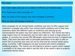 The issues:
Your client might advocate on a number of different yet related issues.
What issues your client campaign on?
What are some of the impacts they have managed to achieve?
What are they still hoping to achieve?
Mind campaigns for all mental health conditions and aims to offer support and
treatment to people who suffer from mental health problems and to help raise
awareness about the different types of conditions and clearing up any
misconceptions the public may have about any afflictions. The charity has had a
large impact since its introduction and has been able to reach a large amount of
people. It currently has around 390,300 people using mind services in England and
Wales. They have also been able to persuade parliament to be able to take on
board 75% of priorities that were set out by mind and the mental health policy
group. Currently, 7,687 employers are also involved with mind’s workplace
wellbeing program. The charity are still hoping to achieve a point where support
is available to all those who need it and the rest of the world is able to properly
understand mental illness.
 