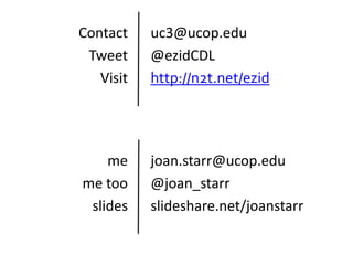 me
me too
slides
joan.starr@ucop.edu
@joan_starr
slideshare.net/joanstarr
Contact
Tweet
Visit
uc3@ucop.edu
@ezidCDL
http://n2t.net/ezid
 