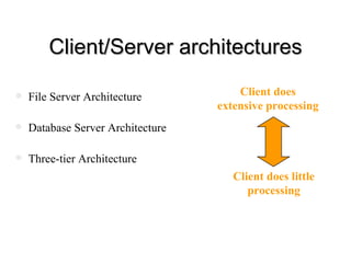Client/Server architectures File Server Architecture Database Server Architecture Three-tier Architecture Client does extensive processing Client does little processing 