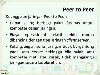 Peer to Peer
  Keunggulan jaringan Peer to Peer:
  • Dapat saling berbagi pakai fasilitas antar-
    komputer dalam jaringan.
  • Biaya operasional relatif lebih murah
    dibanding dengan tipe jaringan client server.
  • Kelangsungan kerja jaringan tidak bergantung
    pada satu server sehingga bila salah satu
    komputer mati atau rusak, tidak menggangu
    jaringan secara keseluruhan.

133
 