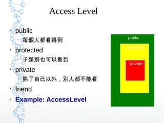 public
protected
Access Level
●
public
–
每個人都看得到
●
protected
–
子類別也可以看到
●
private
–
除了自己以外，別人都不能看
●
friend
●
Example: AccessLevel
private
 