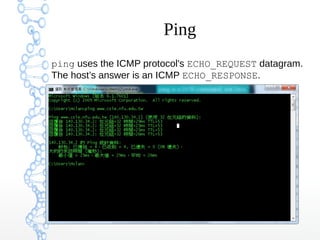 Ping
ping uses the ICMP protocol's ECHO_REQUEST datagram.
The host’s answer is an ICMP ECHO_RESPONSE.
 