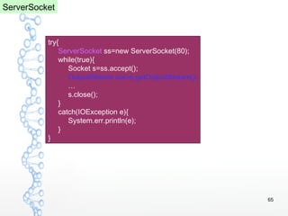 65
try{
ServerSocket ss=new ServerSocket(80);
while(true){
Socket s=ss.accept();
OutputStream out=s.getOutputStream();
…
s.close();
}
catch(IOException e){
System.err.println(e);
}
}
ServerSocket
 