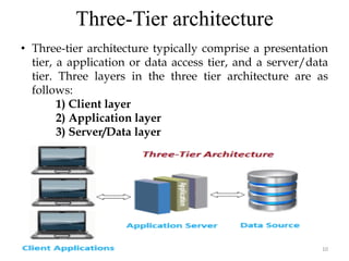 Three-Tier architecture
10
• Three-tier architecture typically comprise a presentation
tier, a application or data access tier, and a server/data
tier. Three layers in the three tier architecture are as
follows:
1) Client layer
2) Application layer
3) Server/Data layer
 