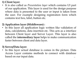 11
1) Client layer:
• It is also called as Presentation layer which contains UI part
of our application. This layer is used for the design purpose
where data is presented to the user or input is taken from
the user. For example designing registration form which
contains text box, label, button etc.
2) Application layer (Middleware) :
• In this layer all application logic written like validation of
data, calculations, data insertion etc. This acts as a interface
between Client layer and Server Layer. This layer is also
called the intermediary layer helps to make communication
faster between client and data layer.
3) Server/Data layer:
• In this layer actual database is comes in the picture. Data
Access Layer contains methods to connect with database
based on our input data.
 