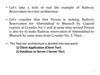 9
• Let’s take a look of real life example of Railway
Reservation two-tier architecture:
• Let’s consider that first Person is making Railway
Reservation for Ahmedabad to Bharuch by Gujarat
express at Counter No. 1 and at same time second Person
is also try to make Railway reservation of Ahmedabad to
Bharuch by same train from Counter No. 2. Then…
• The Two-tier architecture is divided into two parts:
1) Client Application (Client Tier)
2) Database or Server ( Server Tier)
 