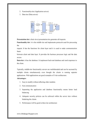 2. Functionality-tier (Application server)
3. Date-tier (Data server)

Presentation tier: client sits at presentation tire generates all requests.
Functionality tier: it is the middle tier and implements protocols used for processing
the
request. It has the functions for client layer and it is used to make communication
faster
between client and data layer. It provides the business processes logic and the data
access.
Data-tier: it has the database. It implement back-end database and send responses to
the client.

Typically, middle-tier functionality servers are multithreaded and can be accessed by
multiple clients simultaneously even thought the clients is running separate
applications. Web applications are good examples of 3-tier architecture.
Advantages:
1. Easy to modify without affecting other modules
2. Fast communication
3. Separating the application and database functionality means better load
balancing.
4. Adequate security policies can be enforced within the server tiers without
hindering the clients.
5. Performance will be good in three tier architecture

www.ithubpage.blogspot.com

 