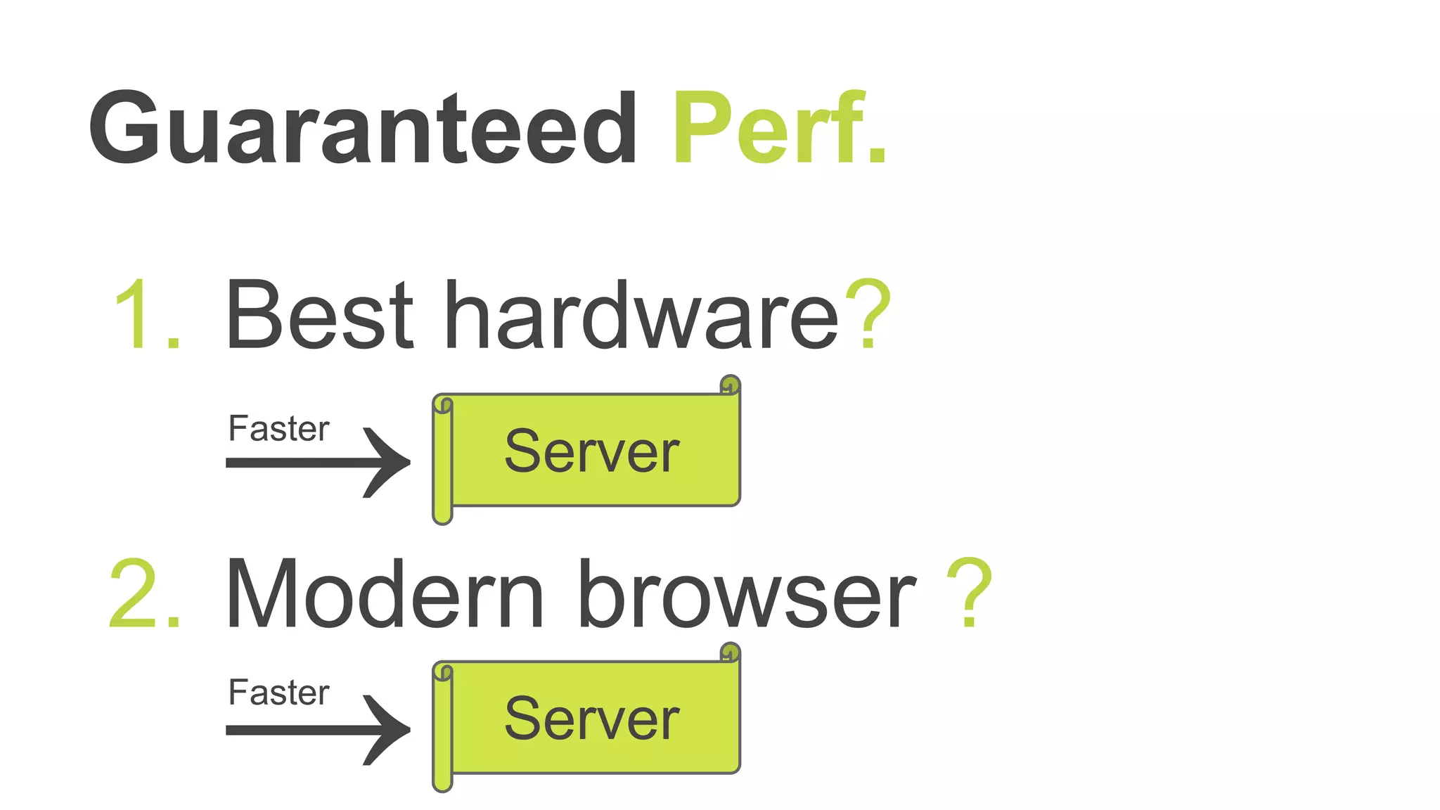 →
Guaranteed Perf.
1. Best hardware?
2. Modern browser ?
Server
Faster
Server
→Faster
 