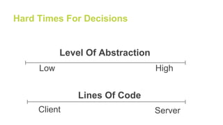 Hard Times For Decisions
Client Server
Low High
Lines Of Code
Level Of Abstraction
 