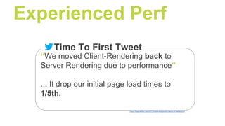 “We moved Client-Rendering back to
Server Rendering due to performance”
... It drop our initial page load times to
1/5th.
https://blog.twitter.com/2012/improving-performance-on-twittercom
Time To First Tweet
Experienced Perf
 
